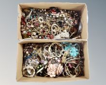 Two blue boxes of costume jewellery