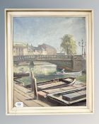 Continental School : Boats on a canal with bridge, oil on canvas, 49 cm x 40 cm,