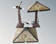 Two contemporary Art Deco style table lamps with Tiffany style leaded glass shades