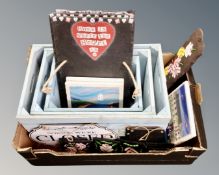 A box of three graduated wooden caddies, slate wall mounted chalk boards,