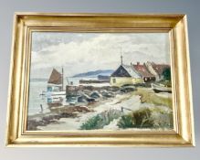 Oil on canvas - Buildings by a shore, 46 cm x 32 cm.