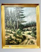 Continental School : A woodland track, oil on canvas, indistinctly signed, 65 cm x 55 cm.