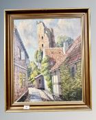 Continental School : Tiled roof buildings on a cobbled street, oil on canvas, 55 cm x 46 cm,