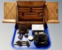 A Victorian oak correspondence box together with brass letter rack, miniature hand bell,