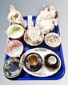 A tray of assorted ceramics including Maling dishes, Coalport Lady's of Fashion figure,