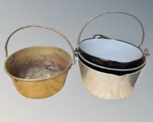 An antique brass cast iron handled jam pan together with a further enamelled jam pan and aluminium