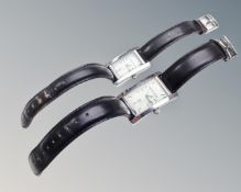 Two lady's and gent's Emporio Armani stainless steel cased rectangular wristwatches
