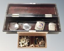 A Japanese lacquered trinket box containing a pair of antique spectacles, silver vesta case,