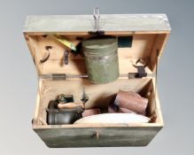 A vintage Tilley lamp with accessories with fitted pine crate