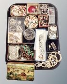 A tray of vintage and later costume jewellery, beads,