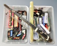 Two crates of Hornby rolling stock, track, accessories,