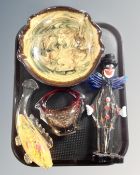 A tray of shaped glazed pottery dish, Murano glass clown figure,