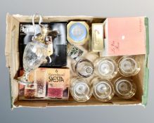 A box of 20th century glassware, Ravenhead glasses, claret jug, decanter,