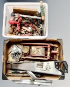 Two crates containing hand tools, wood working tools, bench vice, trolley jack,