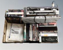 A box of Steepletone turn table stereo system, Philips DVD player, PC games,