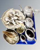 A tray of antique plated tea ware, comport,