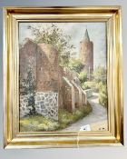 Continental School : A stone fort with spire, oil on canvas, 47 cm x 38 cm, initialed SH.