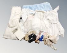 A box of Tressy vintage dolls, bed, beaded purse, wool blankets,