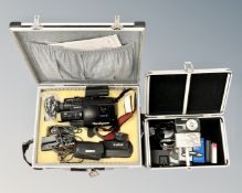 A flight case containing a Sony Handycam Video 8 CCD-V30E video camera, with battery pack,