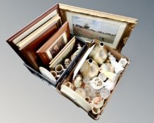 A box and crate of assorted pictures and prints, Claude Monet Poppy field, Ceramics, glass,