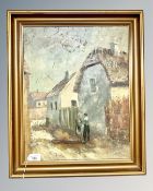 Continental School : Figures before a thatched cottage, oil on canvas, 46 cm x 37 cm, signed Lokken,