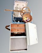 A wooden art box containing internal drawers, further box of vintage school desk,