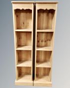A pair of narrow pine open bookshelves, each 37 cm x 24 cm x 152 cm.