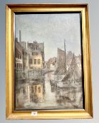 Niels Borch : Fishing boats on a canal at twilight, oil on canvas, 64 cm x 45 cm.