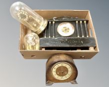 A box of 19th century black slate mantel clock together with oak cased 1930's clock and two