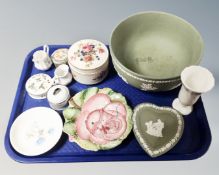 A tray of ceramics including Wedgwood Jasperware bowl, heart shaped dish,