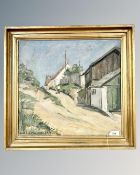 Carl Schwenn : A figure on a path by buildings, oil on canvas,