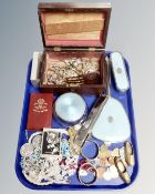 A tray of 19th century jewellery box, costume jewellery, coins, dressing table items, harmonica,