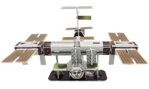 Model Space station (New in box), two NASA posters, and National Geographic magazines about space.