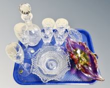 A tray of crystal and glass, set of four champagne glasses, art glass vase,
