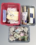 Four tubs of mugs, tea towels, place mats,