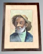 A Continental watercolour - Portrait of a man wearing a hat, 29 cm x20 cm.