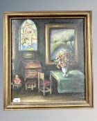 Crult : Interior setting with stained glass window, oil on canvas, 52 cm x 47 cm.