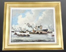 H Petersen : Shipping on a river, oil on