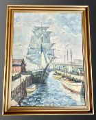 Victor Bertman : Tall ship in dock, oil