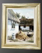 R Hansen : Chickens in a courtyard, oil