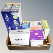 A box containing two Pifco cordless power scrubbers, a Light N Easy garment steamer,