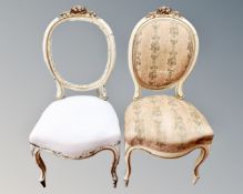 Two continental painted antique dining room chairs.