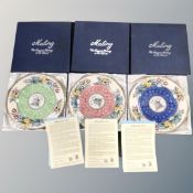 Three Maling Biggest Pottery in the World Springtime plates, blue, pink and green, boxed.
