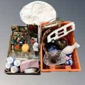 A box and a crate containing antique and later blue and white china, glassware, paperweight,