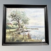 E Thorbrorn : Tree by a lake, oil on canvas, 58cm by 50cm.