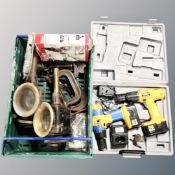 A pair of Victorian carriage lamps, G clamps, door lock with key,