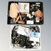 Two boxes containing vintage and digital cameras, field glasses including Mark Scheffel.