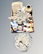 Two boxes containing clown head vases, an elephant wall plaque, lustre ceramics,