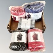 A box containing five Emma Barclay snuggle blanket hoodies, new.