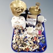 A tray containing kitchen scales with brass graduated weights, commemorative ware,